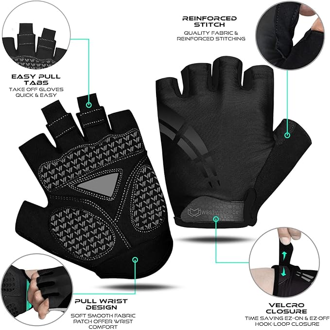 WESTWOOD FOX Cycling Gloves for Men Women,Half Finger Unisex Gel Padded Anti-Slip Mountain Bike Gloves, Breathable Shock Absorption Grip Palm Bicycle Summer Riding MTB Bike Gloves
