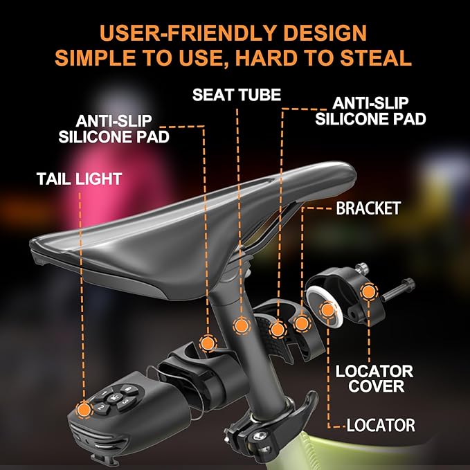 NUNET Brake Light Bike Locator GPS AirTag Anti-Theft 3-in-1 Smart Tail Light with Tracker, 105dB Alarm, Hidden AirTag Slot, Auto Brake Alert, IP65 Waterproof, Long Battery Life