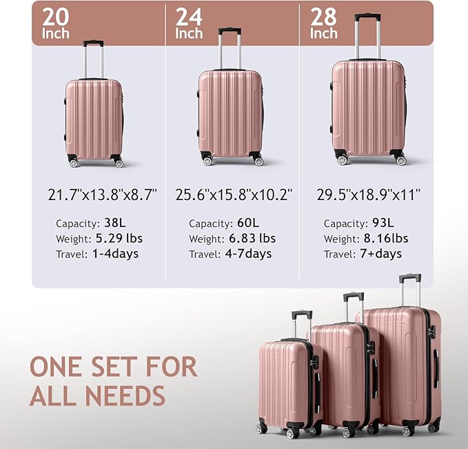 Karl home Luggage Sets 3 Piece, Hardside Carry on Suitcase Sets with Spinner Wheels & TSA lock, Portable Lightweight ABS Luggages for Travel, Business - Light Pink, 20/24/28in