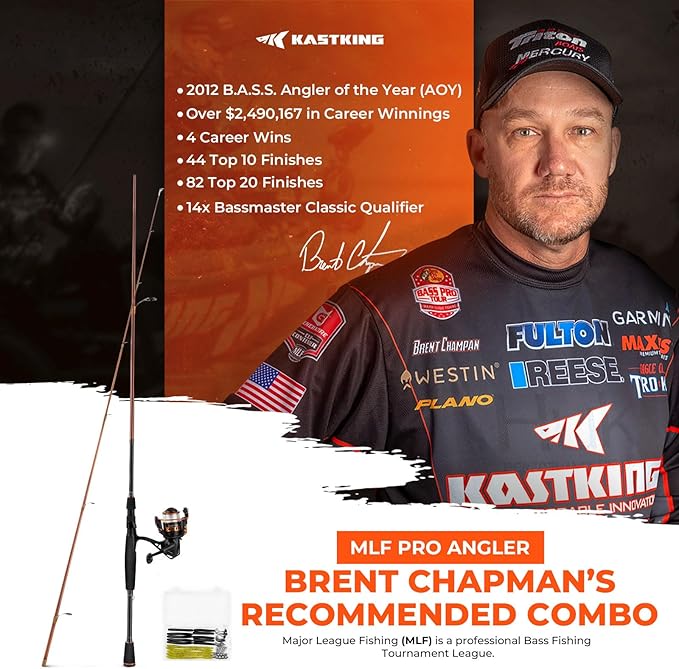 KastKing Brent Chapman Baitcasting Reel and Rod Combo, Tailored Tackle Kits, Pre-spooled Design, IM6 Graphite 2Pc Blanks, 5 + 1 Ball Bearings, Aluminum Oxide Ringed Stainless Steel Guides, EVA Handles