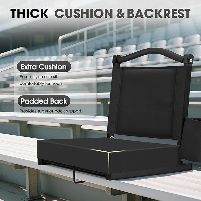 Fragess Bleacher seat, Stadium Seats with Back Support and Thick Cushion, Bleacher Chairs with Shoulder Strap and Side Pocket, Stadium Seat for Bleachers, Perfect for Sports Events(Black)