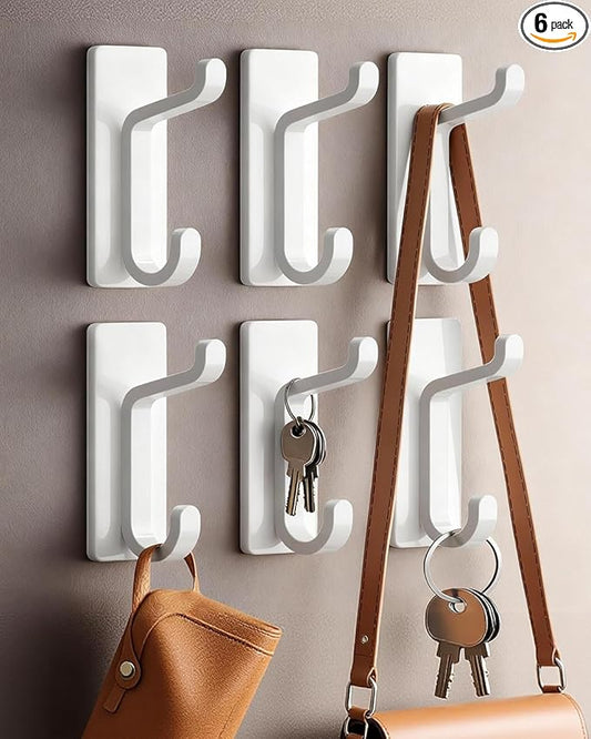 6 Pack Adhesive Wall Hooks - 15lbs Extra Stick On Hooks Heavy Duty Coat Hooks for Walls No Damage - Strong Sticky Hook for Hanging Key Purse Towel in Bathroom Kitchen Door, White