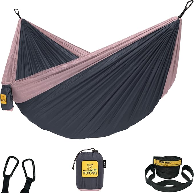 Wise Owl Outfitters キャンプハンモック – 耐荷重500ポンド ポータブルハンモック ツリーストラップ付き – 旅行、バックパッキング、ハイキング、アウトドアキャンプ用品 – シングルまたはダブル
