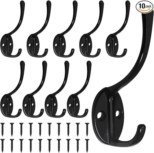 10 Pack Coat Hooks Wall Mounted with 20 Screws, Heavy Duty Black Towel Hooks Metal Double Hooks, No Rust Retro Rustic Wall Hooks for Hanging Towel, Coat, Scarf, Bag, Hat, Cup, Key
