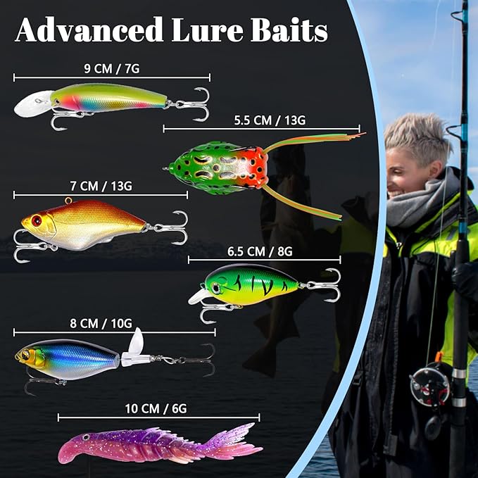 Fishing Lures - Tackle Box with Tackle Included, Fishing Kit with VIBs, Frogs, Minnows, Soft Baits, Hooks & Weights Accessories, Freshwater Lure Kit for Bass Walleye Trout