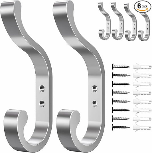 6-Pack Heavy Duty Wall Hooks - Hold 30LB for Backpacks, Towels, Coats, Keys, Clothes - Silver Wall Mounted Hooks for Bathroom, Closet, Door, Mudroom