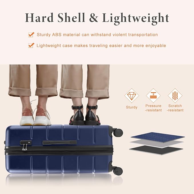 Sweetcrispy Carry on Luggage, Hard Shell ABS Suitcase with Double Spinner Wheels, Lightweight Expandable Rolling Suit Case with TSA Lock, 24 Inch Navy Blue