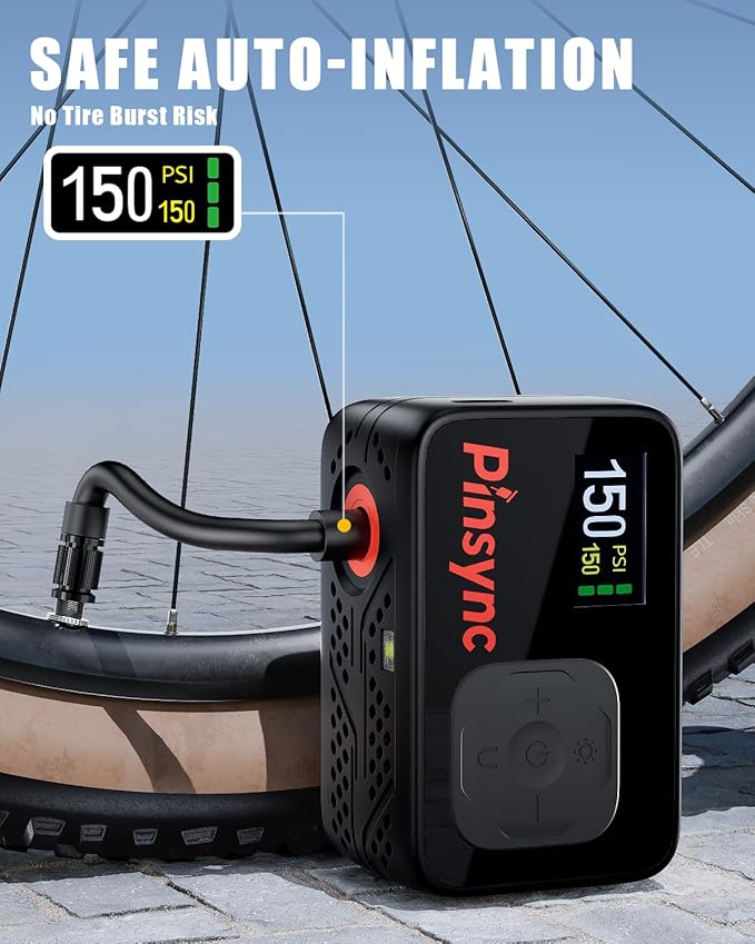 Mini Electric Bike Pump, 17S Fast Inflate 150PSI Portable Tire Pump with Digital Auto Stop, Presta & Schrader Valve Compatible for Road Bike, MTB, E-Bike
