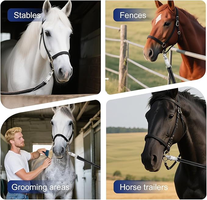 Heavy-Duty Cross Ties for Horses - Adjustable Nylon Horse Trailer Ties with Strong Panic Snap & Bull Snap (59"-102"), Set with 2 Pack Tie Rings & 8 Matching Screws (Black)