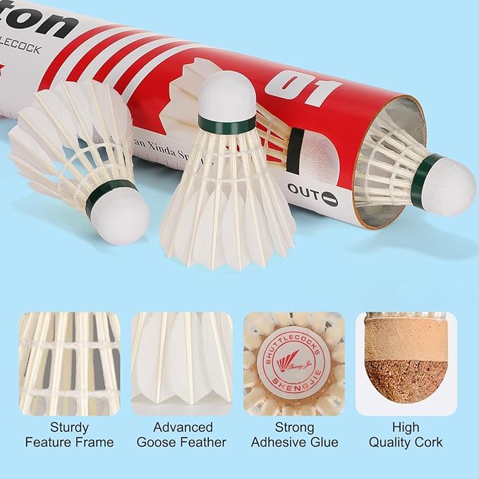 Goose Feather Badminton Shuttlecocks Birdies, 12 Pack Hight Speed Training Badminton Balls with Great Stability for Indoor Outdoor Sports