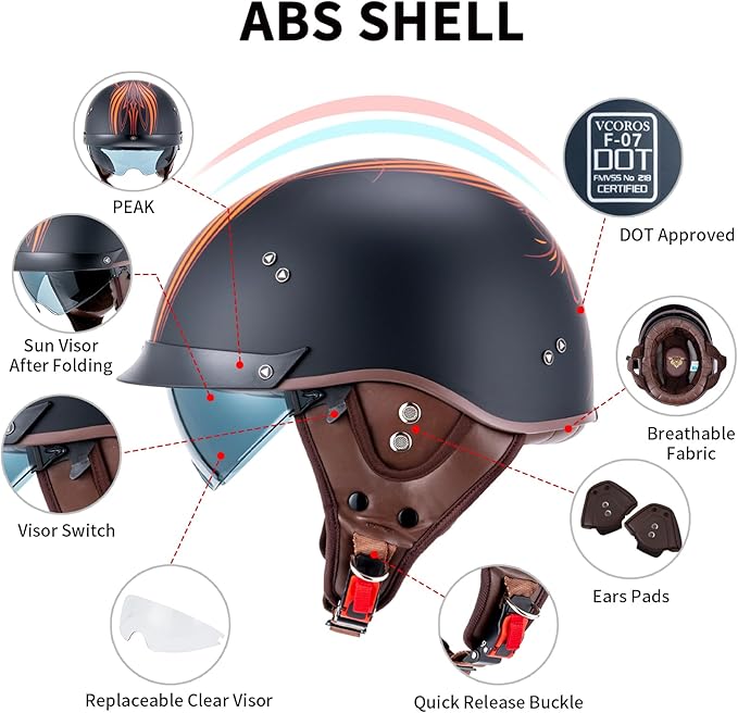 VCOROS Half Helmet Motorcycle DOT Approved Open Face Helmet F07 with Sun Visor and Quick Release Buckle for Adults Men and Women (Angel,M)