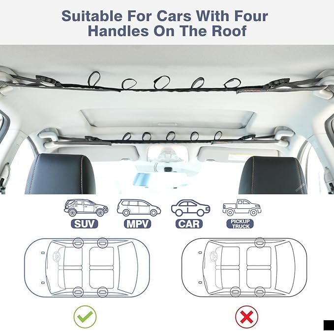 2 Pack Vehicle Fishing Rod Holder for Car, Fishing Pole Car Rack 5 Rods Capacity, Adjustable 30 to 54 Inches Horizontal Car Roof Fishing Pole Storage Carrier Belt for SUV, Truck and Van, Gray