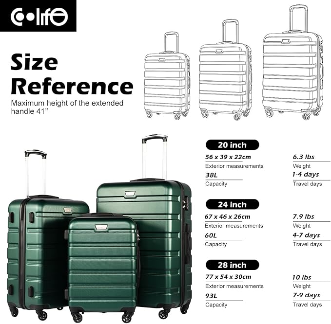 Coolife Luggage 3 Piece Set Suitcase Spinner Hardshell Lightweight TSA Lock (dark green, 20/24/28)