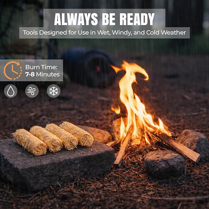 Tactiko 6-in-1 All-Weather Survival Fire Starter Kit - Complete Emergency Set with Ferro Rod, Striker, Fire Wax, 4 Waxed Wood Starters, Waterproof Matches, Collapsible Blower & Zippered Case