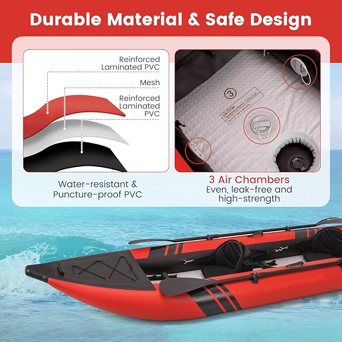 GYMAX Inflatable Kayak, 12.5Ft 507lbs Tandem Kayak with 2 Aluminum Paddles, 2 Padded Seats, Footrests, 2 Fins, Hand Pump, Carry Bag & Repair Kit, 2 Person Fishing Touring Kayak for Adults