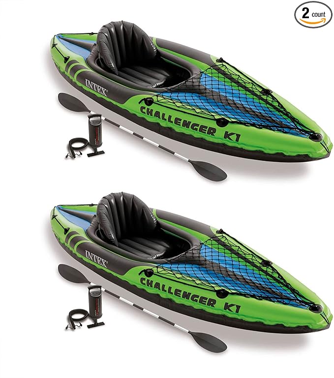 Intex Challenger K1 1 Person Durable Vinyl Streamline Sporty Kayak with Inflatable Seat and Backrest, Oar, Pump, Carrying Bag, and Repair Kit (2 Pack)