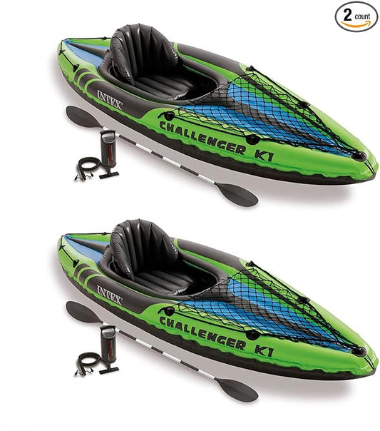 Intex Challenger K1 1 Person Durable Vinyl Streamline Sporty Kayak with Inflatable Seat and Backrest, Oar, Pump, Carrying Bag, and Repair Kit (2 Pack)