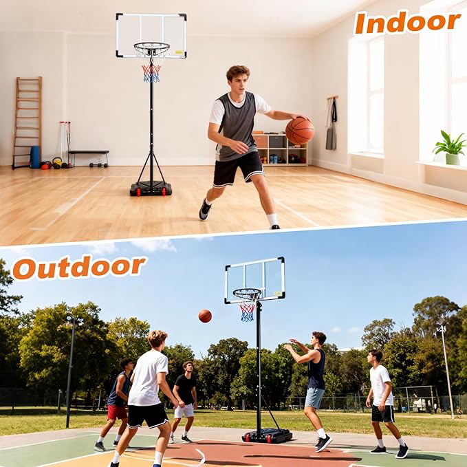 Portable Basketball Hoop Outdoor, Adjustable Basketball Hoops Goal System Shatterproof Backboard, Shock Absorbent Rim, Fillable Base for Swimming Pool/Backyard/Driveway