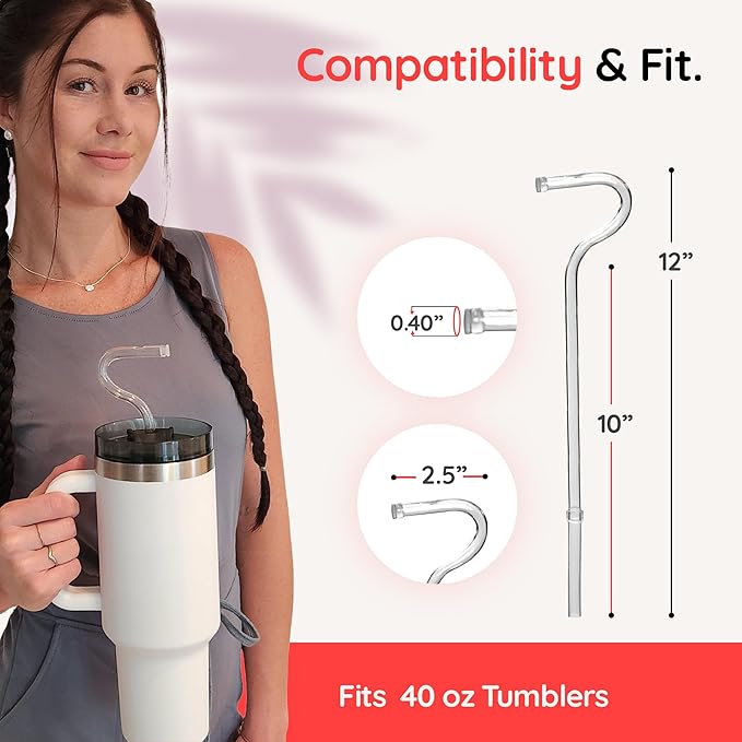 Lipzi - Anti Wrinkle Straw - Glass anti-wrinkle drinking straws for 40oz Tumbler, Clear Reusable Straws with Cleaning Brush - Eco-Friendly Alternative to Plastic - Cleaning Brush Included - 2 Pack