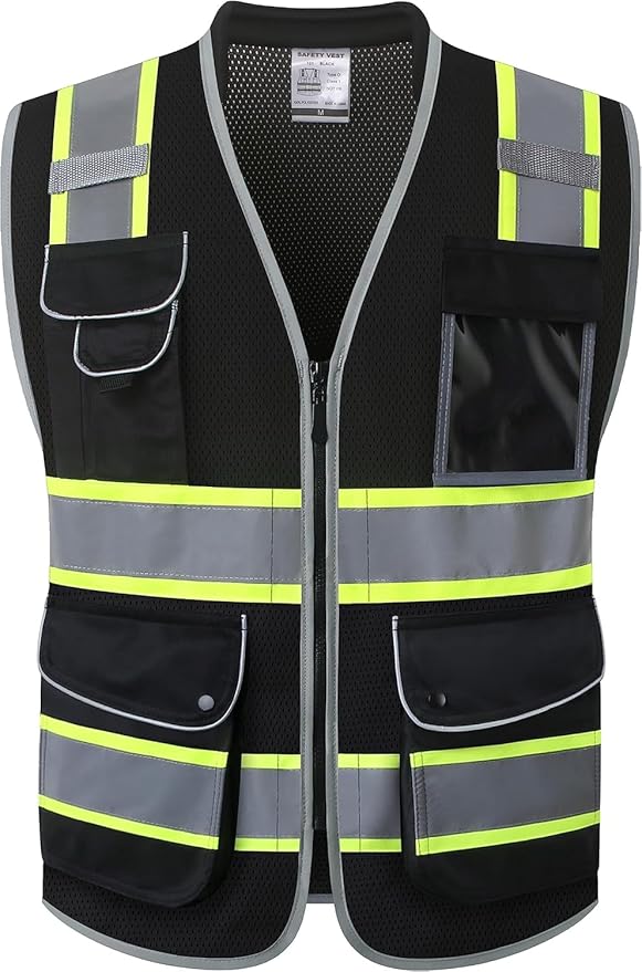 JKSafety 9 Pockets Hi-Vis Black Safety Vest for Men Women High Visibility Reflective Construction Mesh Fabric Cushioned Collar Work Utility PPE Work Gear ANSI/ISEA compliant (101-Black S)