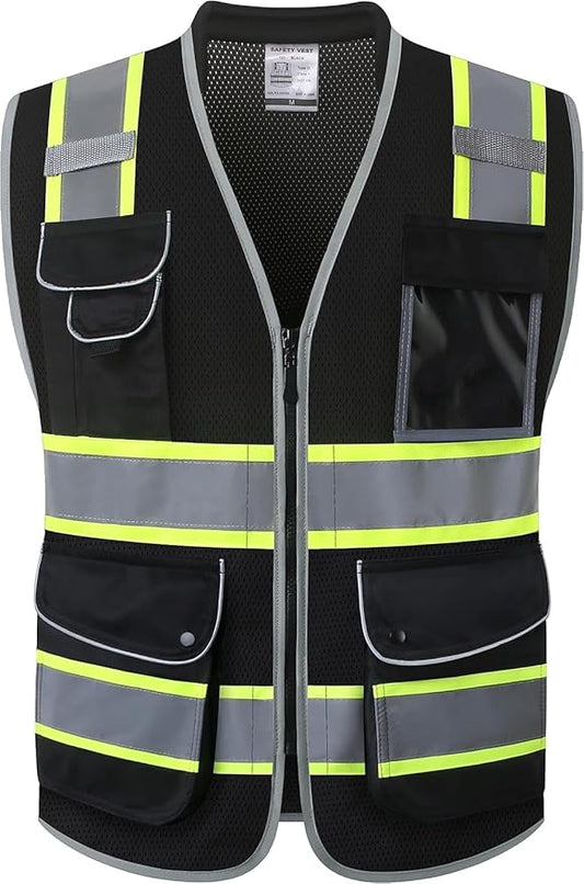 JKSafety 9 Pockets Hi-Vis Black Safety Vest for Men Women High Visibility Reflective Construction Mesh Fabric Cushioned Collar Work Utility PPE Work Gear ANSI/ISEA compliant (101-Black S)