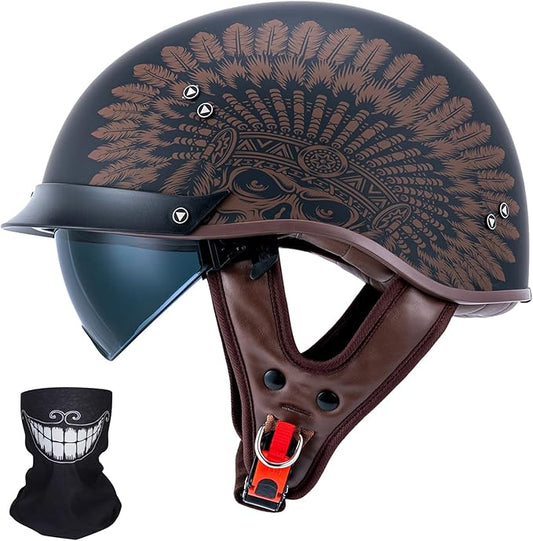VCOROS Half Helmet Motorcycle DOT Approved Open Face Helmet with Sun Visor and Quick Release Buckle for Adults Men and Women(F07A-Indian,XXL)