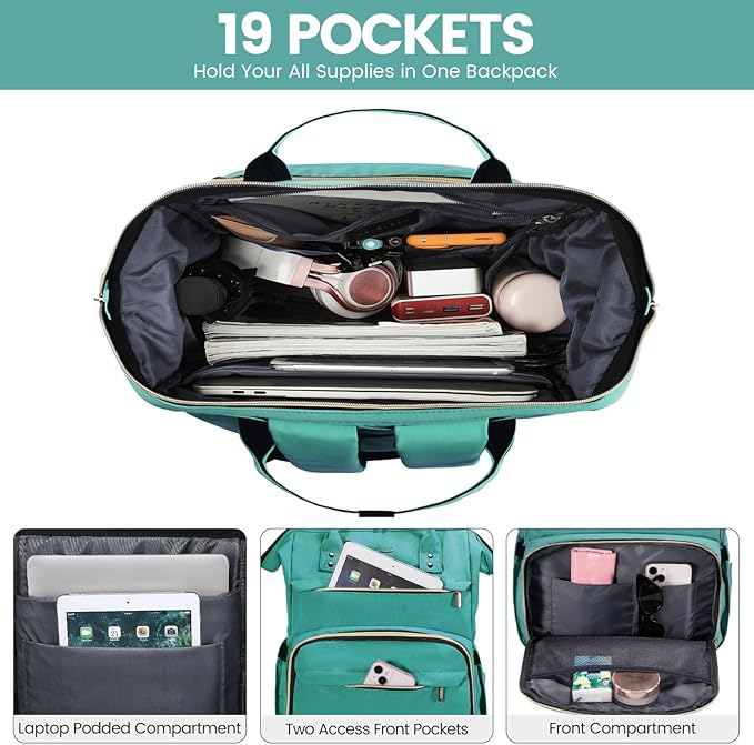 LOVEVOOK Laptop Backpack for Women,17 Inch Professional Womens Travel Backpack Purse Computer Laptop Bag Nurse Teacher Backpack,Waterproof College Work Bags Carry on Back Pack with USB Port,Mint Green