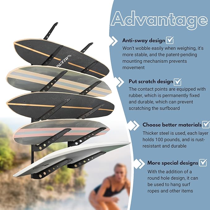 ShouRong Snowboard Wall Mount, Adjustable 5/6 Board Surfboard Rack, Surfboard Wall Hangers for Surfboard, Wakeboard, and Snowboard Storage at Home or Garage