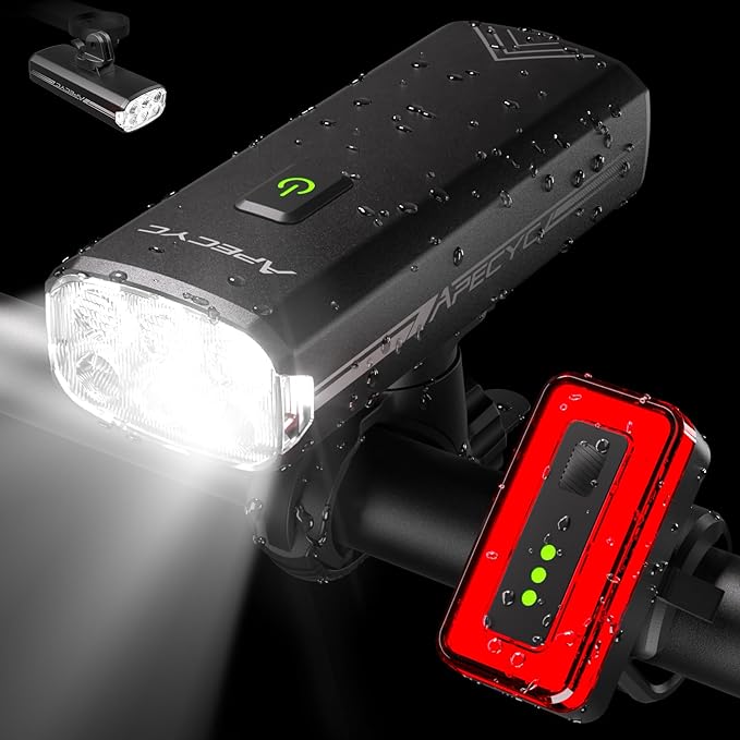 APECYC Super Bright Bike Lights Set, 18000LM USB Rechargeable Bicycle Front Headlight & Rear Taillight, Compatible with Garmin/GoPro, Night Riding Light for Mountain Bike/Urban Commuter Cycling