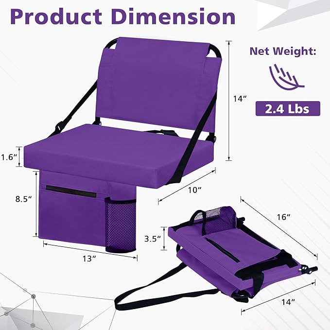 Stadium Seats for Bleachers 2 Pack w/Back Support Bleacher Seat Soft Cushion Light Weight Includes Shoulder Strap & Cup Holder, Front & Back Zipper Pocket, Suitable for Sports Events,Purple