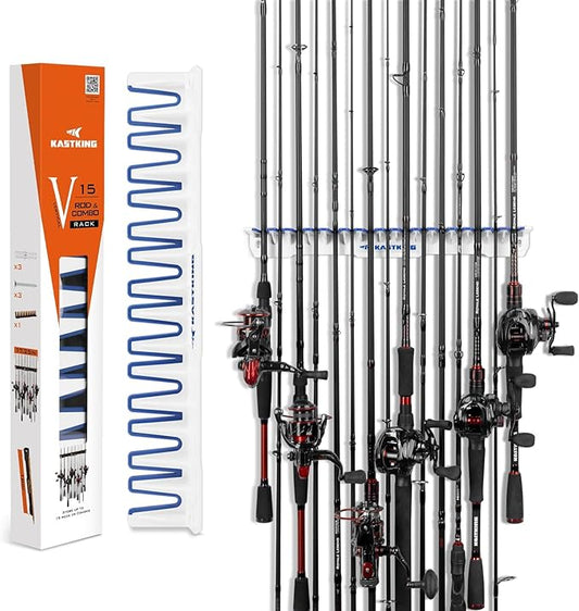 KastKing V15 垂直釣り竿ホルダー – 壁掛け式釣り竿ラック、15本のロッドまたはロッドコンボを17.25インチに収納、優れた釣り竿ホルダーおよびラック