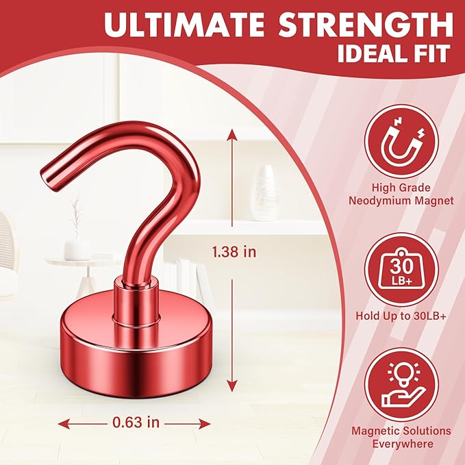 Magnetic Hooks, 30 lbs Magnetic Hooks, Magnet Hook for Cruise Cabins, Magnet Metal Hooks for Refrigerator, Mugs, Classroom, Kitchen, Home (Red, 8 Pack)