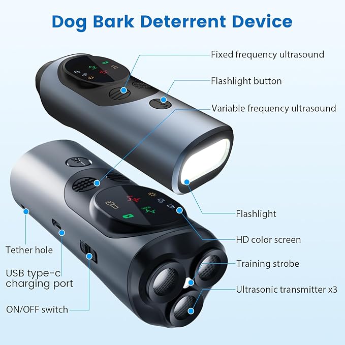 FamilyKit Dog Bark Deterrent Device, 3X Ultrasonic Rechargeable Anti Barking Device for Dogs, 50FT Range Barks No More, Training Bark Control with LED Flashlight, Indoor & Outdoor