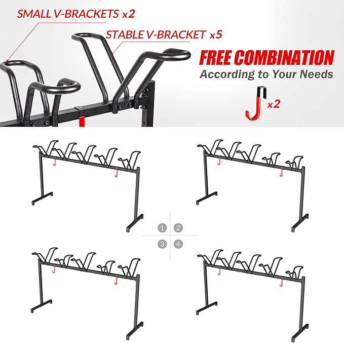 Sttoraboks 5 Bikes Floor Stand, Adjustable Bicycle Parking Rack with Hook for Garage, Indoor, Outdoor, Free Combination Bike Storage Cycle Rack for Mountain, Road and Kids Bikes, Max Tire Width 2.5”
