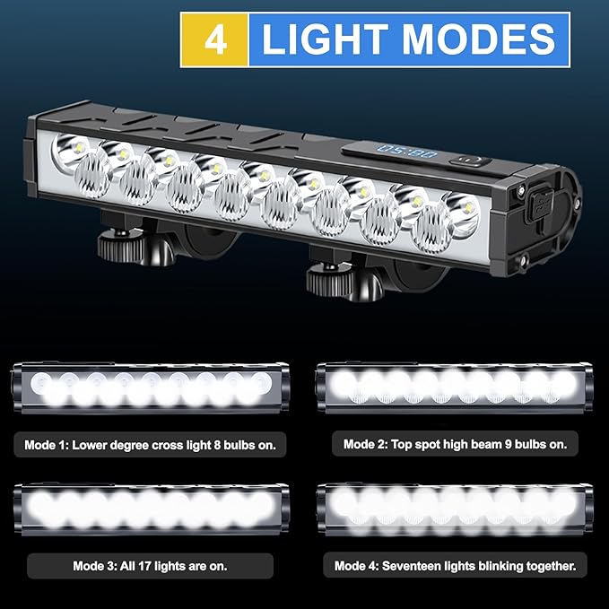 Bike Lights, 17 LED 4800 Lumen Bicycle Light with 4 Modes, 10000mAh USB Rechargeable Bike Light, Bike Headlight with Digital Power Display, Wide Beam Bike Lights for Night Riding