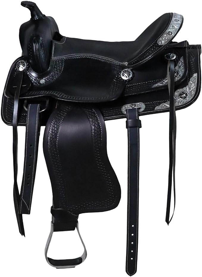 Barrel Brown Western Horse Trail Saddle Set Leather Horse Saddle with Headstall, Breast Collar Combo Rodeo Cowboy Riding Equestrian Comfortable Ride Black Saddle Tack Set