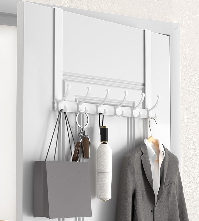 KitchLife Long Over The Door Hooks Hanger with 15.75" Extended Arms, Fits 1 3/4" Doors, F40U, 6 Double-Hanger Design Thickened Heavy Duty Bathroom Towel Rack Organization, Glossy White, 1 Pack