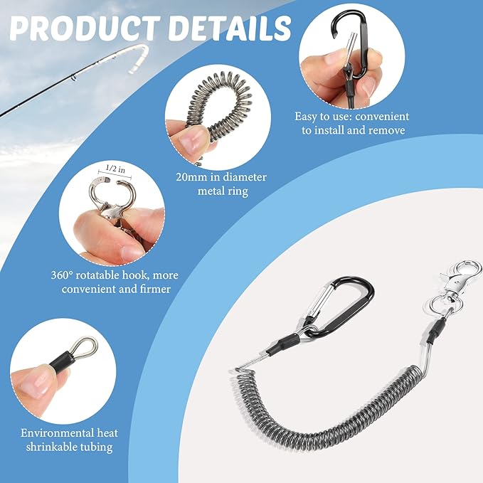 Woanger 6 Pack Fishing Lanyard Steel Wire Coiled Lanyard Tool Lanyards for Hand Tools Kayak Retractable Tool Leash Fishing Rod Safety Lanyards Gear with Alloy Clips for Pliers Boating