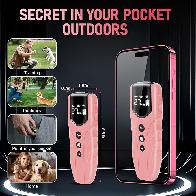 Dog Bark Deterrent Device, Ultrasonic Anti Barking Device for Dogs 35FT Far, Portable Dog Training Device to Stop Barking Neighbors Dog, 5 Modes| Safe & Effective for Small, Medium & Large Dogs，Pink