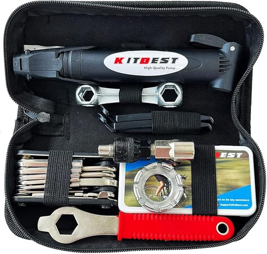 Kitbest Bike Repair Tool Kit. 100 PSI Mini Bike Pump, Tire Puncture Repair Kit, 16 in 1 Bike Multi Tool, Glueless Tire Patch Kit, Bicycle Tire Lever and Bike Bag