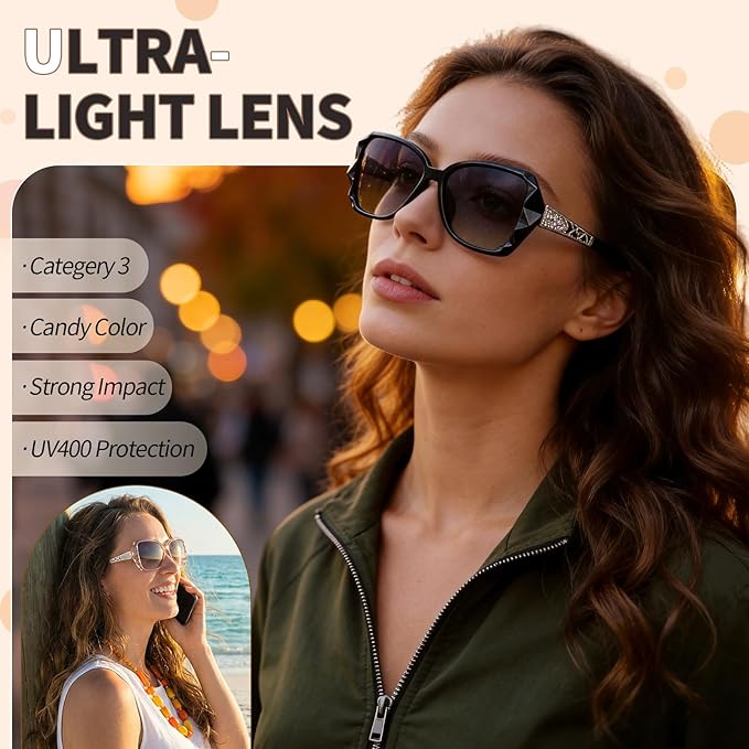 DragonflyDreams レディースビッグサングラス 4点セット UV400対応 オーバーサイズ クラシックトレンド レディーズサングラス スパークリングビッグフレーム
