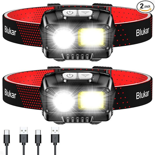 Blukar LED Headlamp Rechargeable,2000L High Lumen Super Bright Dimmable Headlight Flashlight with Motion Sensor- 8 Modes,Spotlight&Floodlight,IPX5 Waterproof for Camping,Hiking,Running,Fishing -2 Pack
