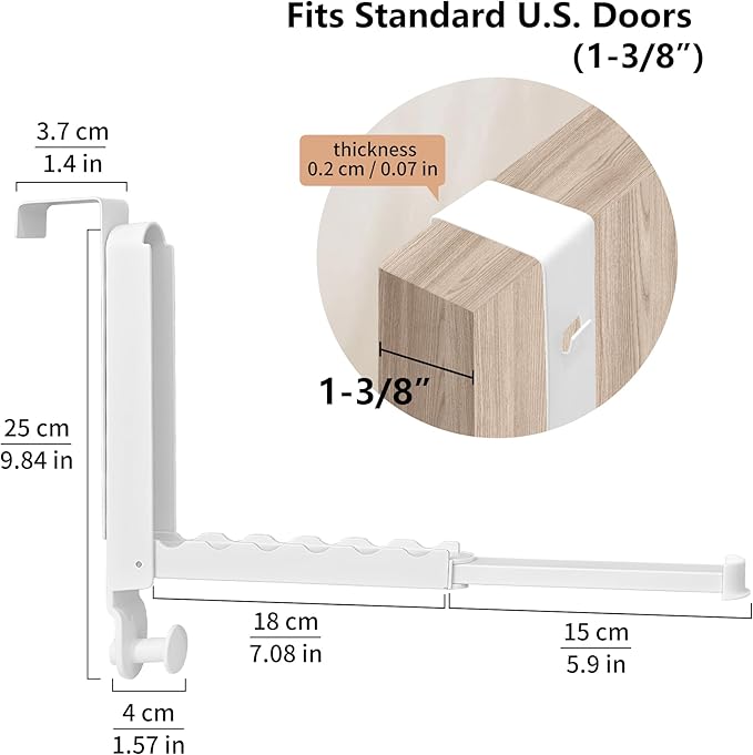 Clothes Drying Rack Foldable Fit Door up to 1 3/8" Optimal 2pc,Over The Door Hanger with Retractable Rod,Over The Door Hanger Hooks for Laundry Bathroom Bedroom Travel Hangers(White, 2 Pack)