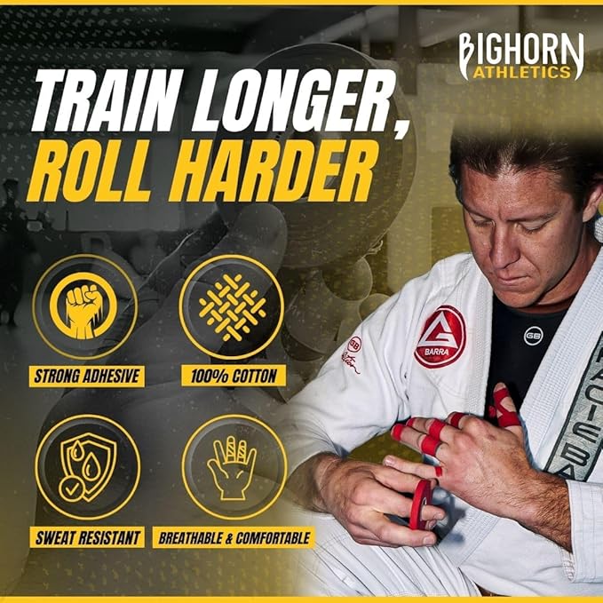 Bighorn Athletics Jiu Jitsu Finger Tape, Rock Climbing Tape | Multipurpose for Sports & Injuries: MMA, Volleyball, Football, Basketball, Tennis, Golf, Hands & Toes, 0.5-Inch x 45-feet, 8-Rolls, Red