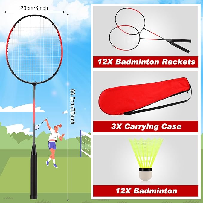 12 Pack Badminton Rackets Set Including Badminton Racquets, Nylon Shuttlecocks and Carry Bag for Outdoor Backyard Games Beginners