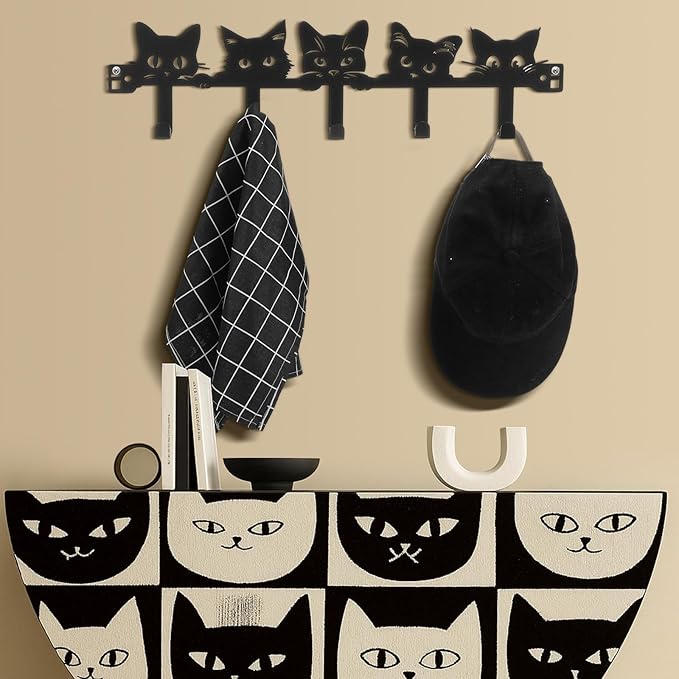 Cat Over The Door Hooks Hanger Wall Mount Towel Hanger Door Holder Organizer 5 Hooks Kawaii Farmhouse Rustic Coquettish Style Decor for Bedroom Bathroom Towel Hat Clothes