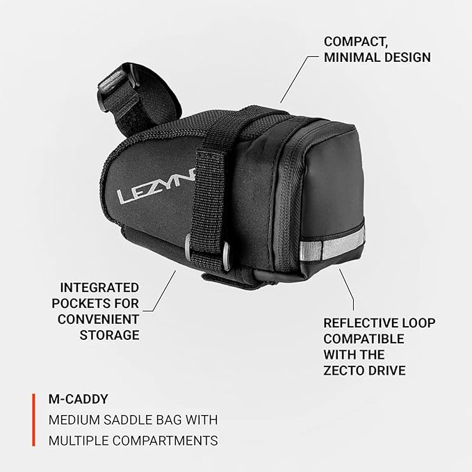 LEZYNE Caddy Bike Saddle Bag - Durable Nylon Cycling Storage Bag with Velcro/Quick Release Mount, Reflective Accents, Water-Resistant Zipper for Road Bikes & Commuters