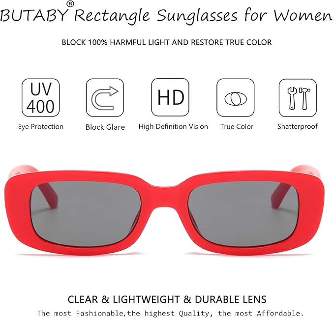 BUTABY Rectangle Sunglasses for Women Retro Driving Glasses 90’s Vintage Fashion Narrow Square Frame UV400 Protection