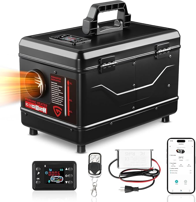 ディーゼルヒーター 12V/24V/110V 8KW ポータブルツールボックス ディーゼルパーキングヒーター APPリモコン・充電器・LCDスクリーン付き 家庭・店舗・ガレージ・RV・トレーラー・ボート・キャンピングカー対応 黒