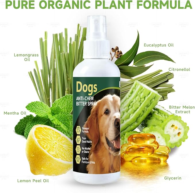 Dog No Chew Spray, Bitter Dog Deterrent Spray for Furniture & Carpet, Pet Corrector & Training Spray for Dogs & Puppies, Safe & Natural, Prevent Peeing, Biting, Chewing & Licking Injuries, 200ml